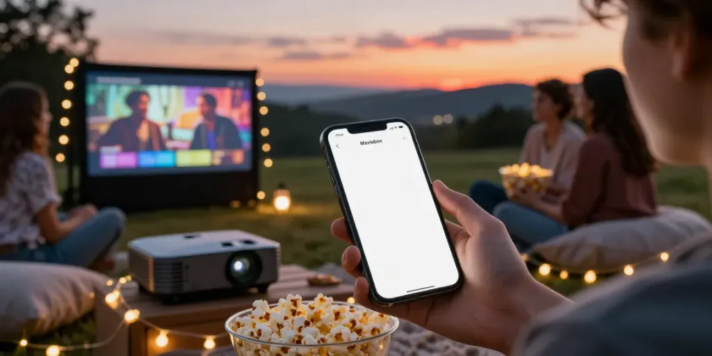 Person using MoviesBox Net app outdoors during movie night with friends.