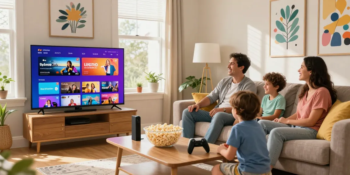 Family enjoying IPTV Quebec in a cozy living room with a vibrant streaming interface