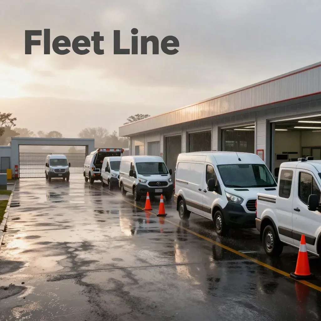Rain-slick Fleet Line depot at dawn with vans, tow truck and cones in motion.