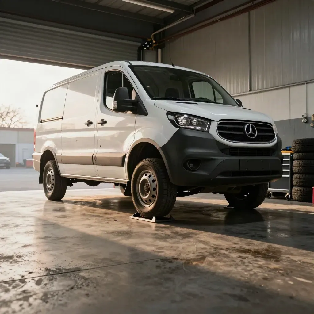 Lifted white van mid-service in a spotless bay with tires, jack stands and tools.
