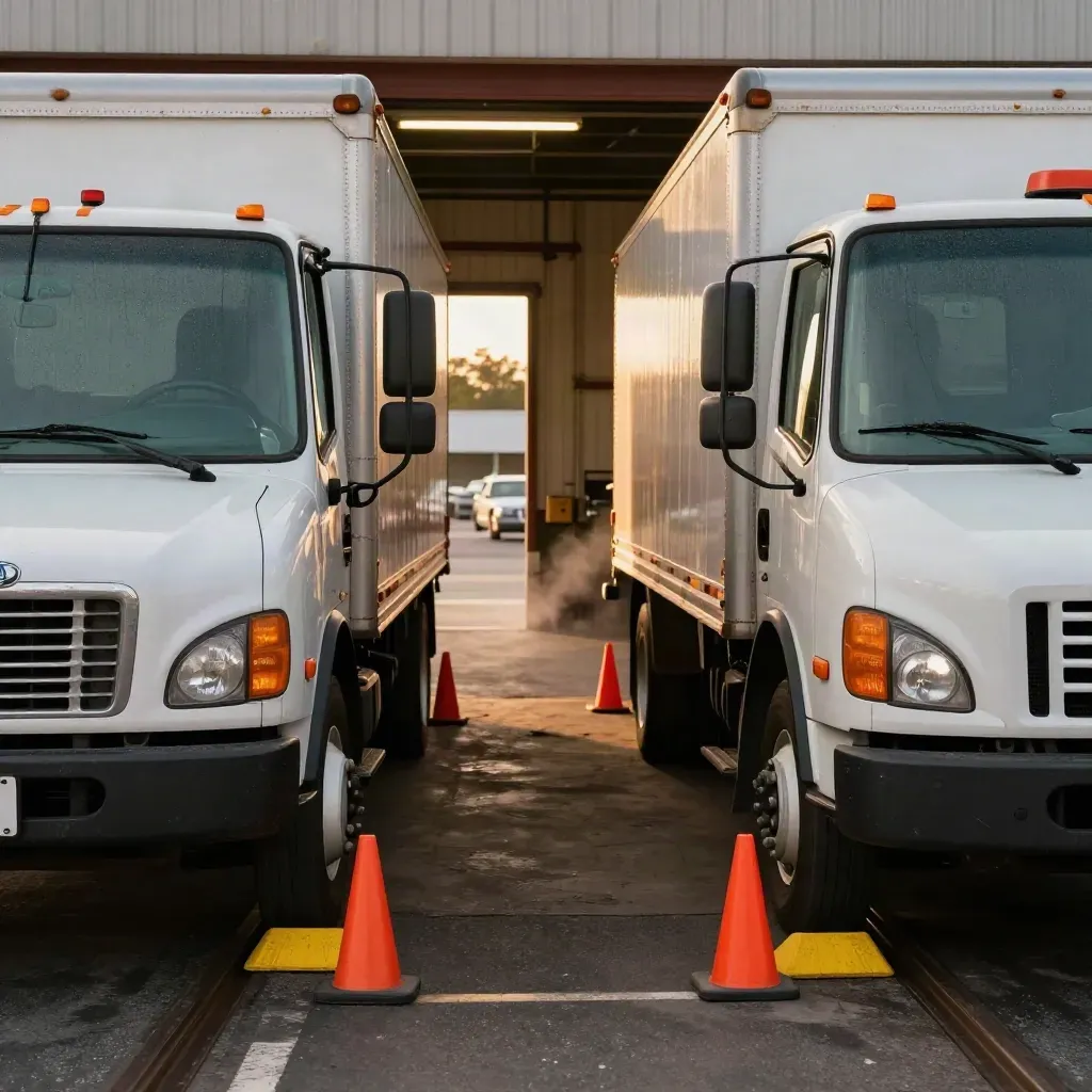 Box trucks staged at a depot split lane with cones, wheel chocks, and a radio cradle.
