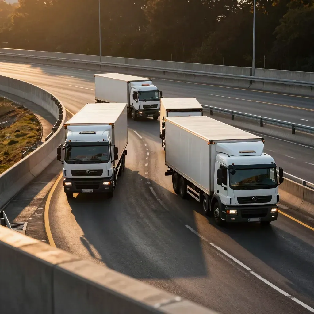Three service trucks merge through a cloverleaf interchange at golden hour.
