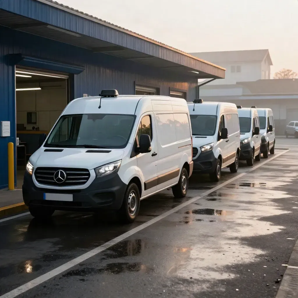 White utility vans rolling through a misty municipal depot on wet asphalt