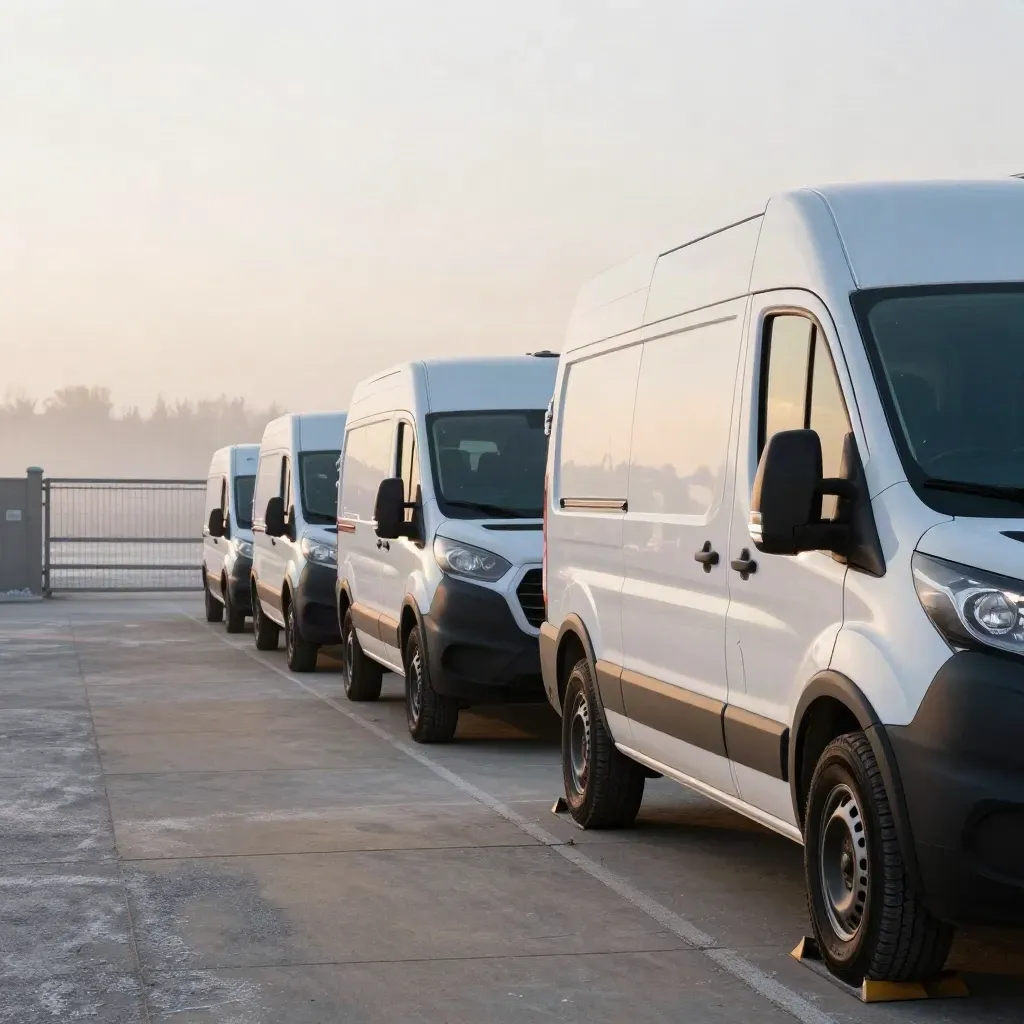 White fleet vans lined up at a frosty Ottawa yard beside a locked gate at dawn.