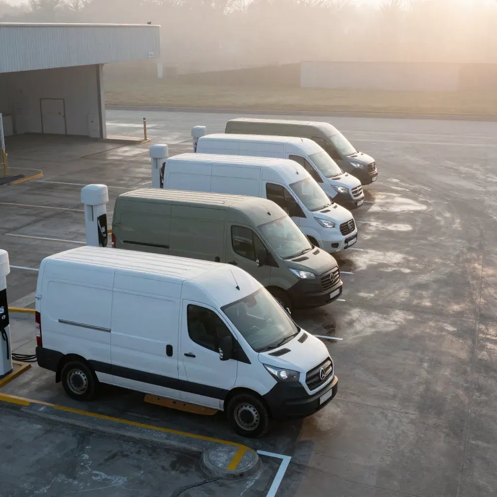 Four white service vans staged at a foggy depot charging row at blue hour