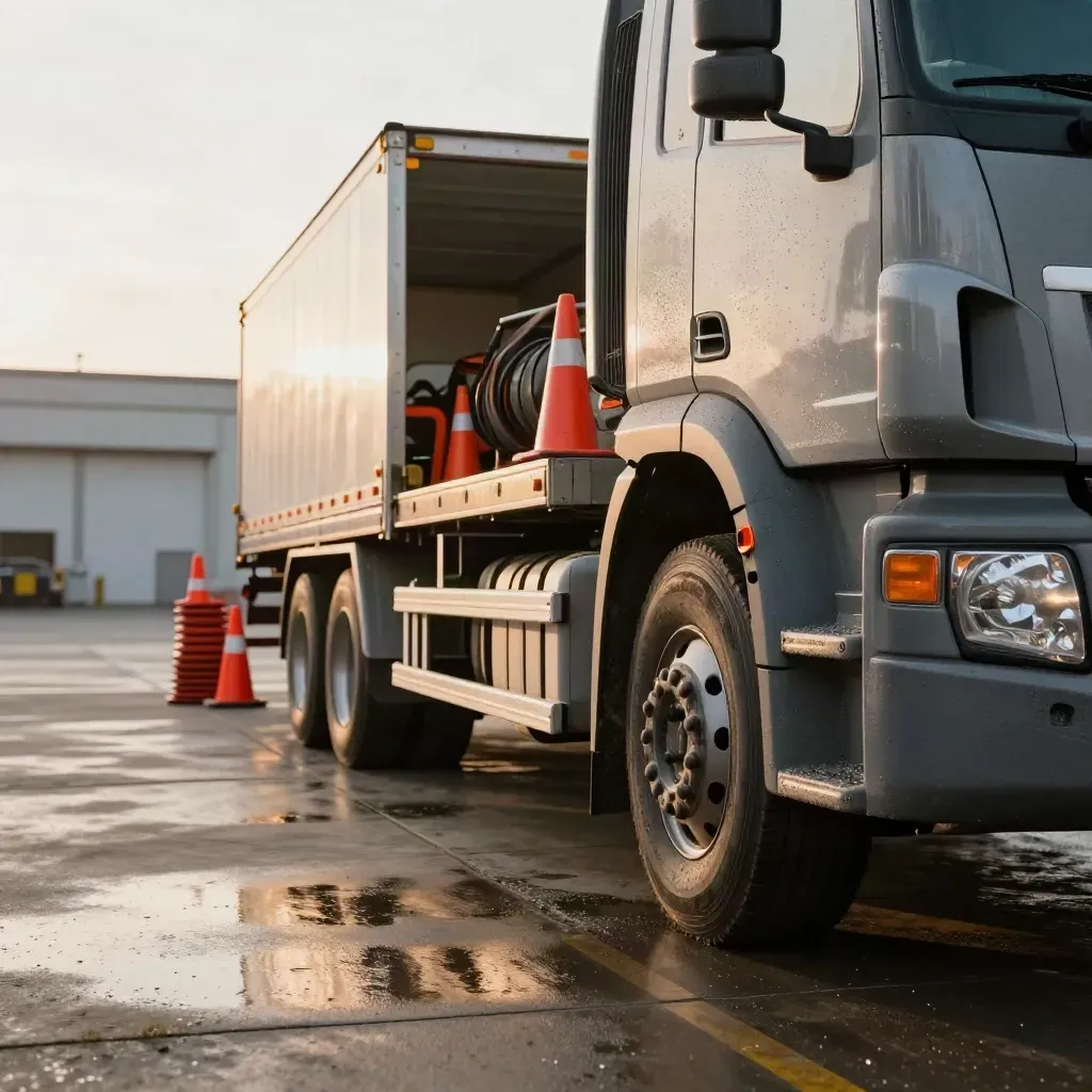 Tow flatbed with cones and recovery boards staged at a wet sheltered dock