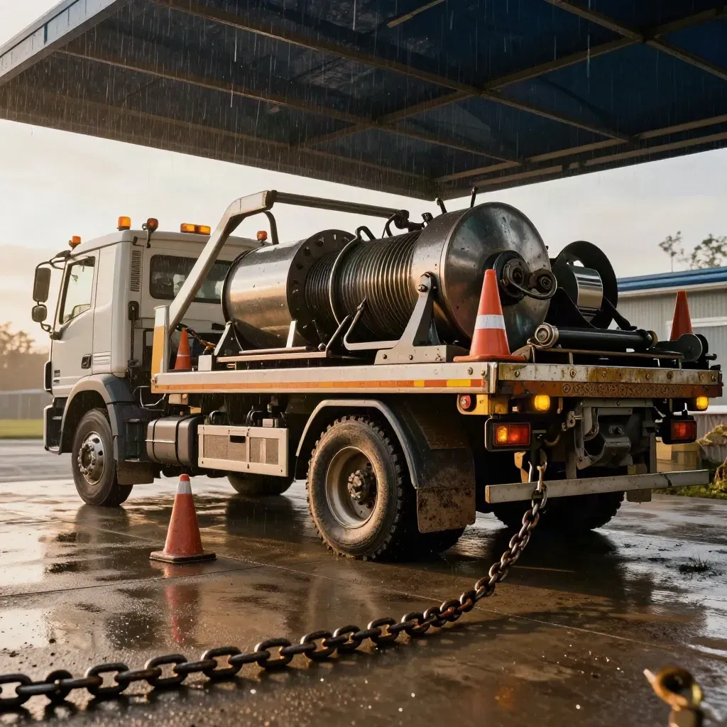 Rainy Surrey tow trucks under a canopy with chains, cones and recovery boards in warm industrial light.