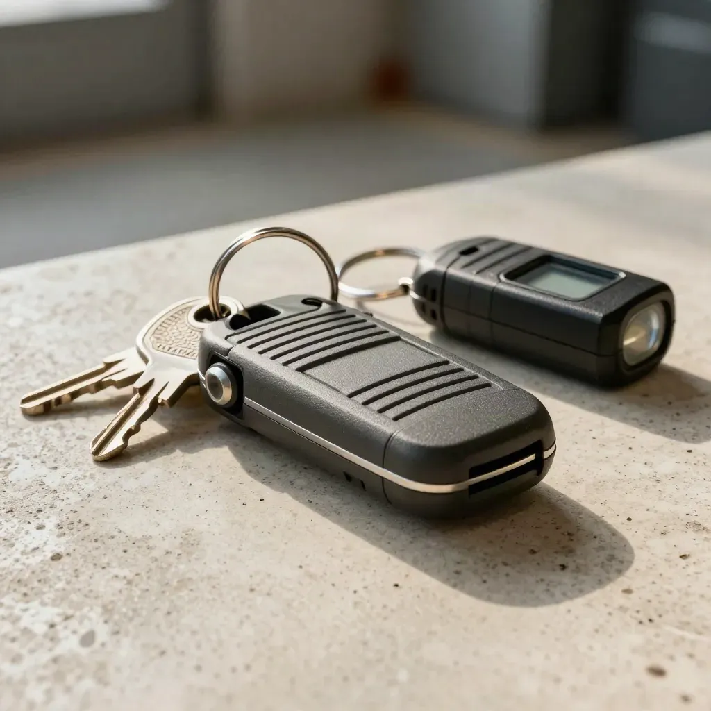 GPS puck, key ring, and locator beacon on textured concrete