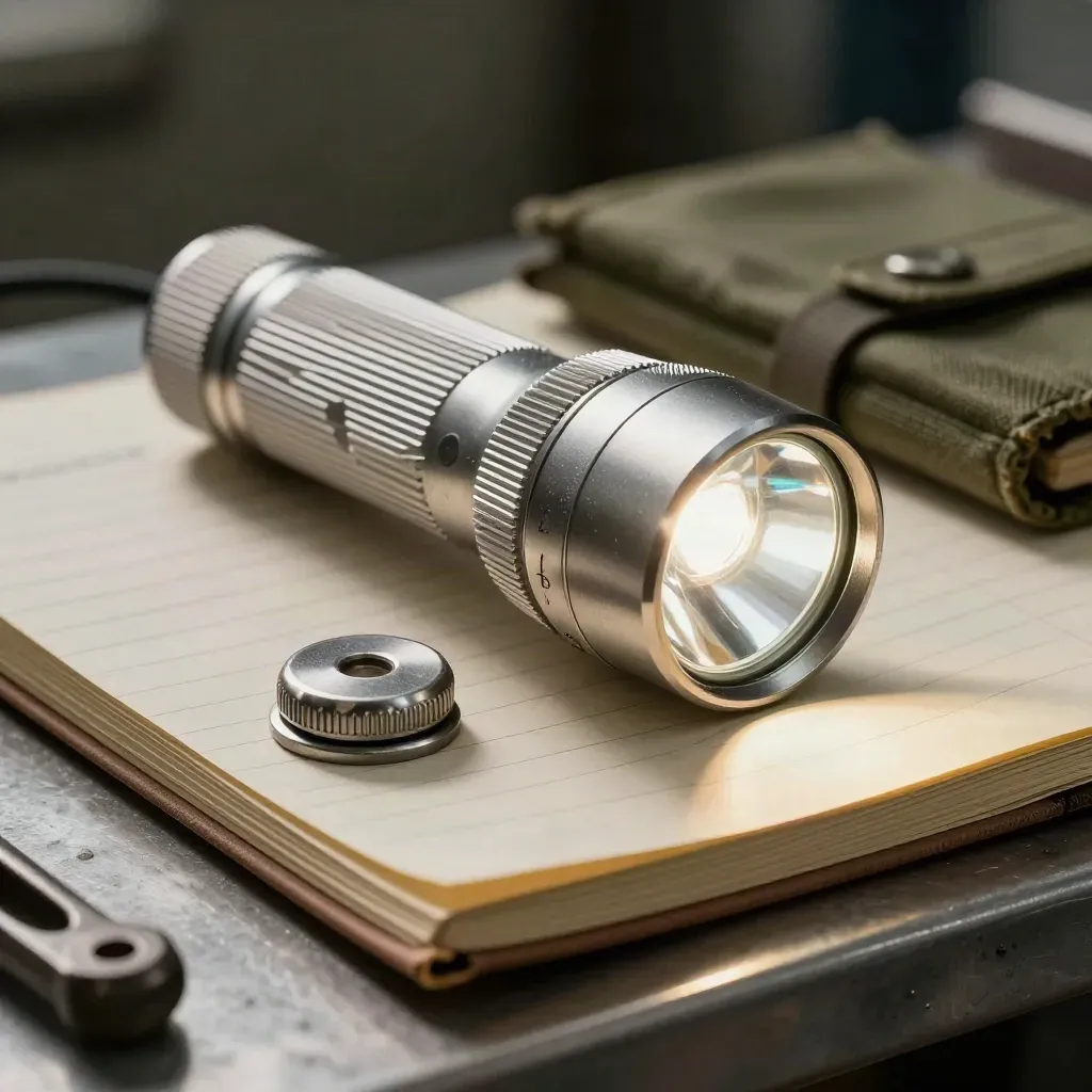 Flashlight, tread gauge, tamper seal, and closed logbook on a metal shelf in moody workshop light.