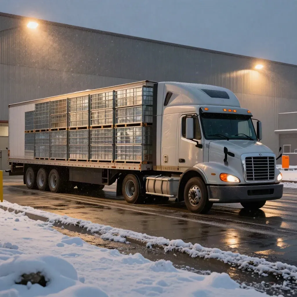 Snowy Calgary cross-dock with parcel cages and a trailer under dock lights