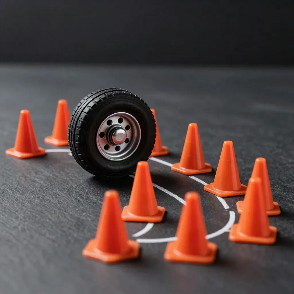 Miniature route cones and truck wheel on dark slate, lit dramatically in a diagonal cluster.