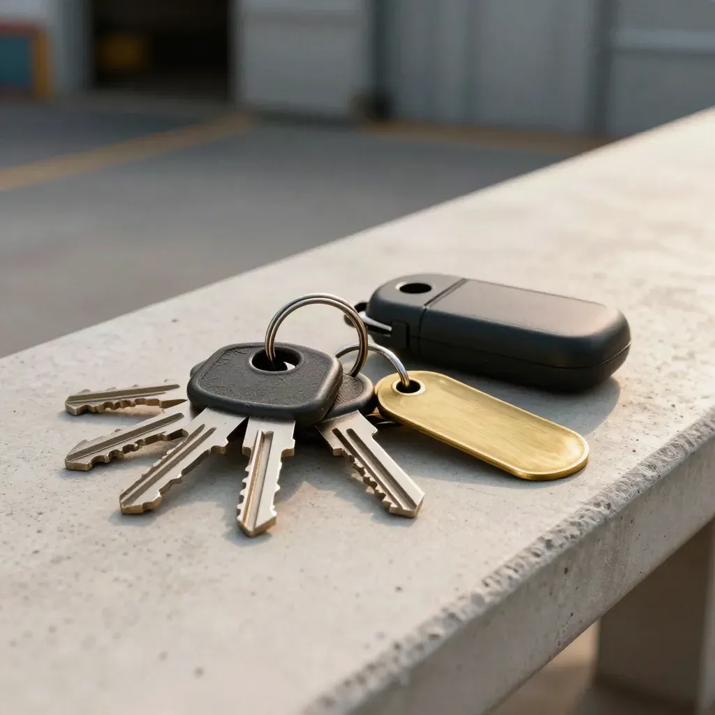 Fleet key ring, GPS puck and brass locator tag on a concrete bench in soft side light.