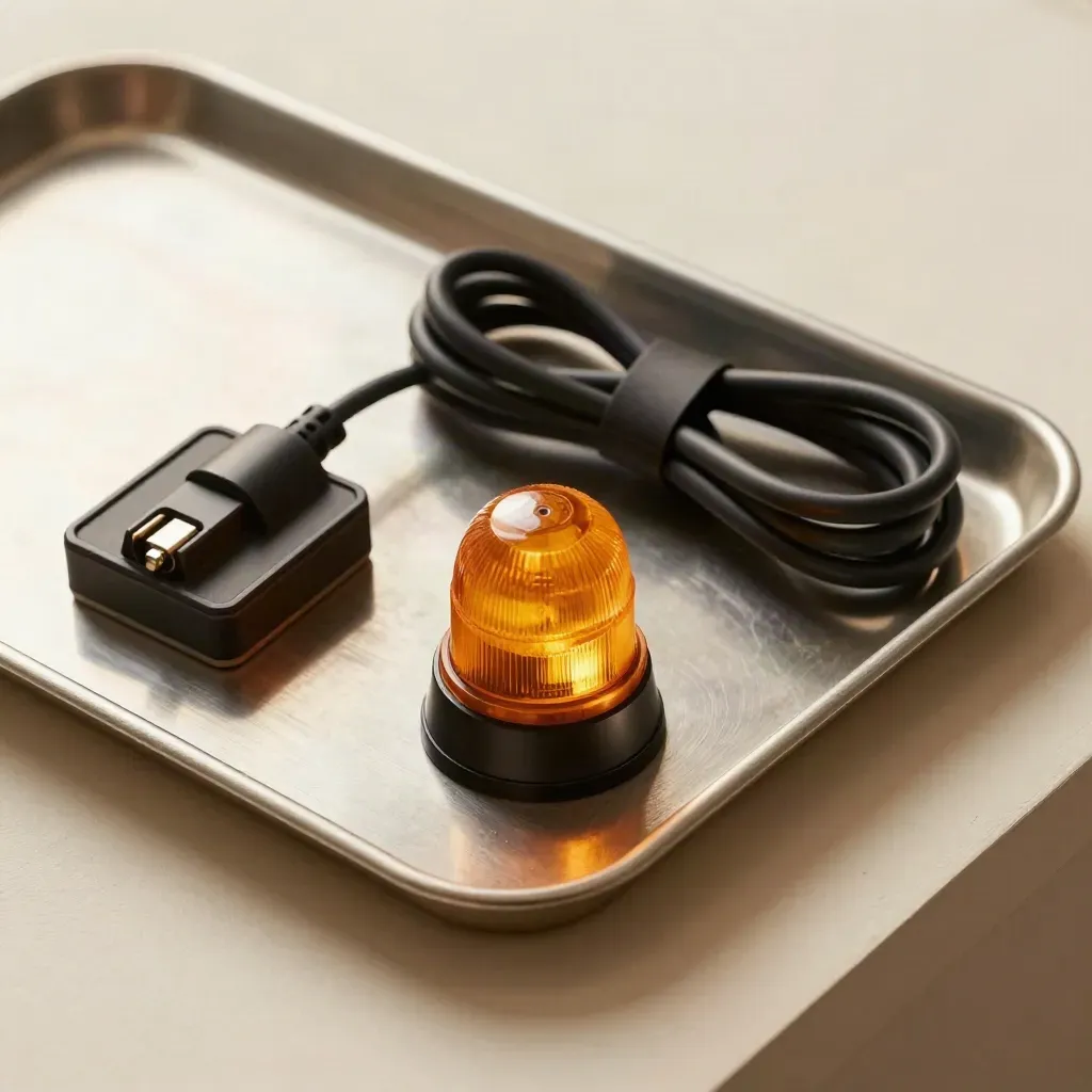 Route markers, charging cable, and beacon cap arranged on a brushed tray.
