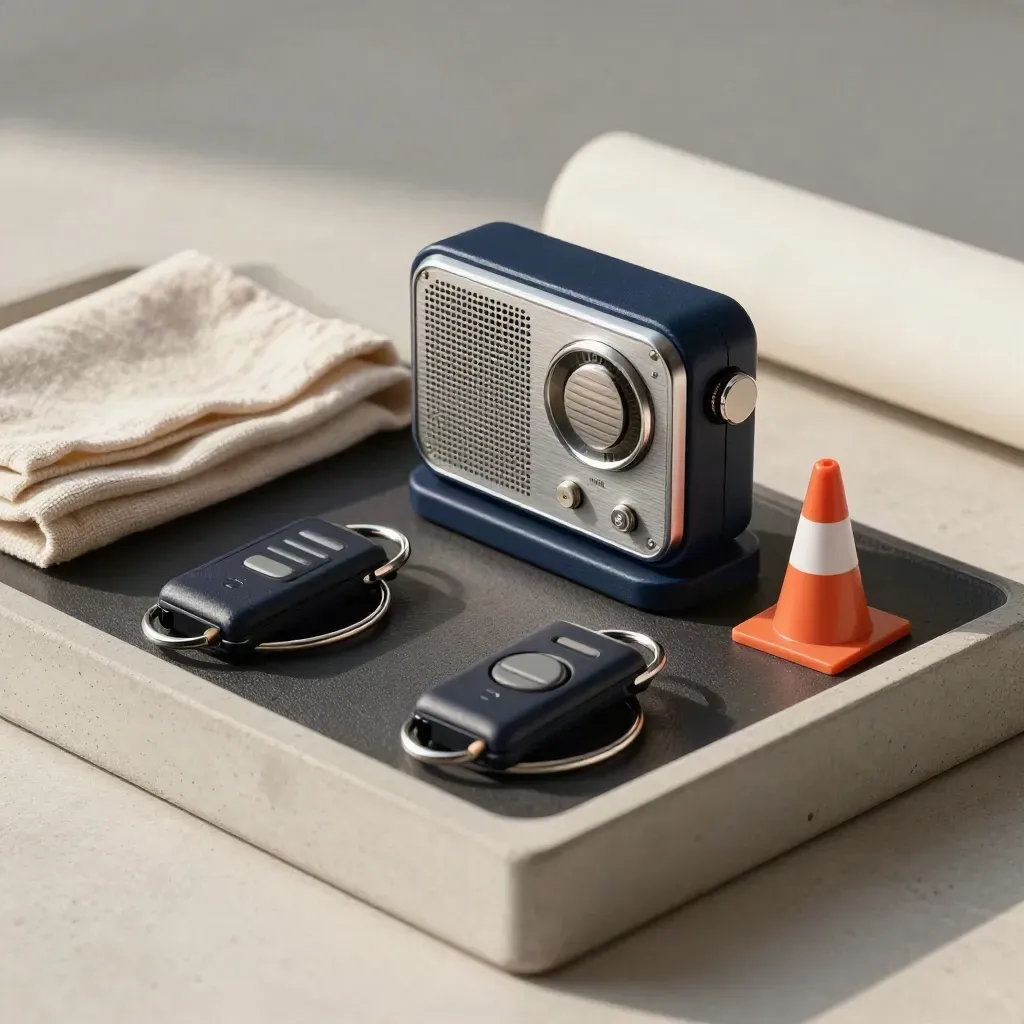 Handheld radio, ignition fobs, and lane cone on a concrete tray with a folded cloth