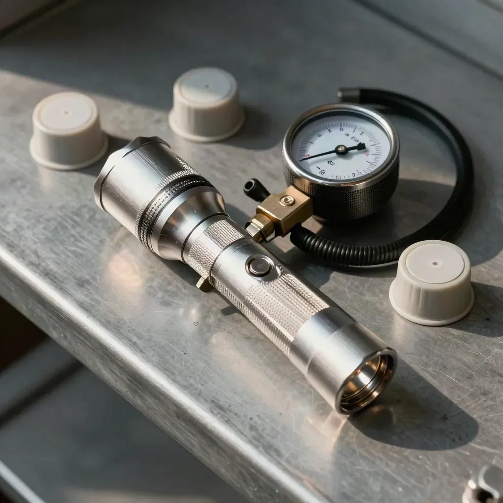 Overhead flatlay of a flashlight, tire gauge, and maintenance caps on a steel shelf.