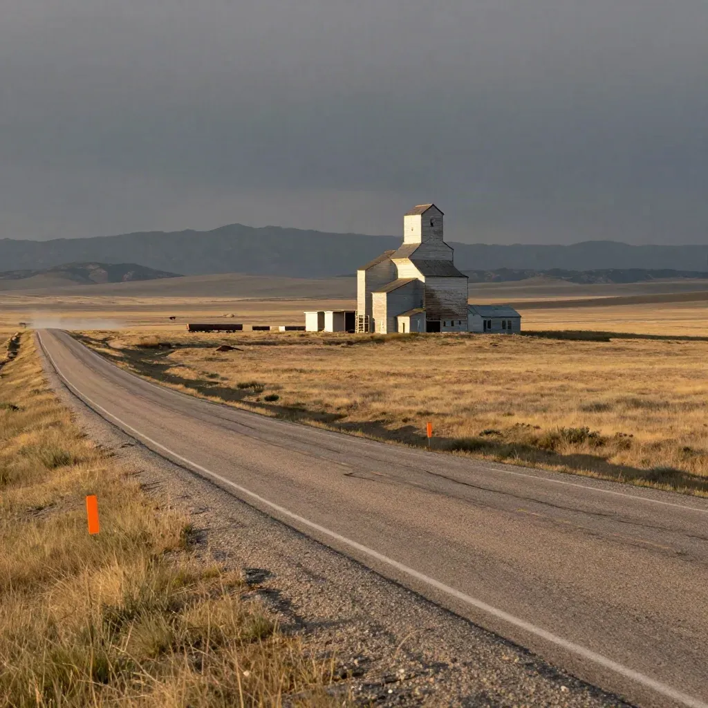 Prairie highway, grain elevator and faint Rockies in warm golden haze.