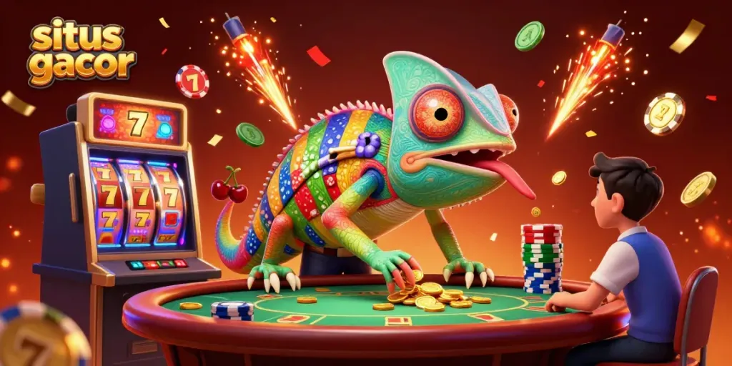 Menang dengan situs gacor yang menampilkan karakter chameleon kasino dan simbol slot berkilauan.