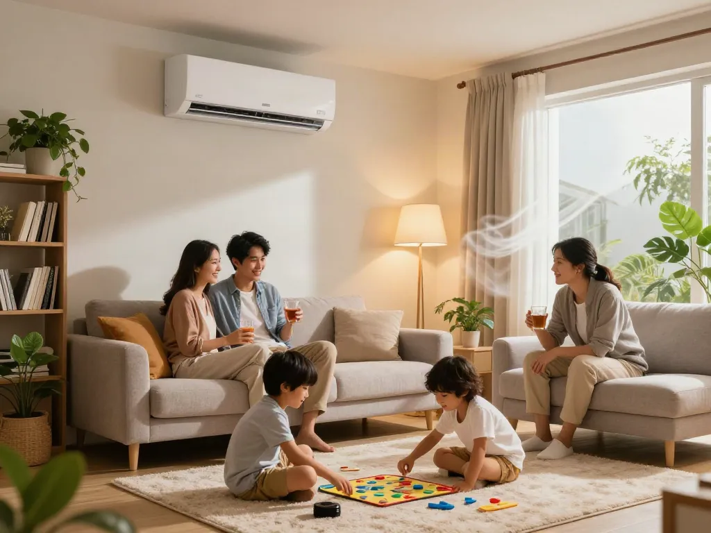 Ductless AC cooling a family living room while kids enjoy board games and parents relax.