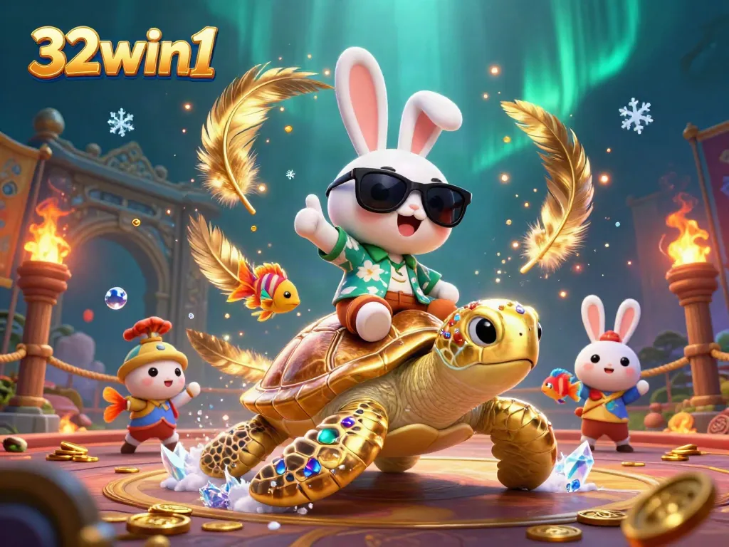 Experience excitement at 32win1 with a lucky rabbit and golden turtle in a vibrant casino adventure scene.