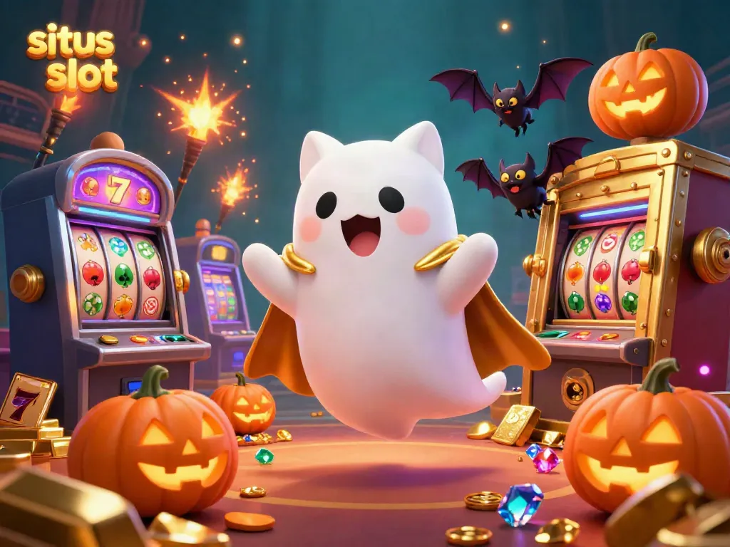 Experience vibrant gaming with the situs slot characters, including a ghost cat and bats, in a colorful casino scene.